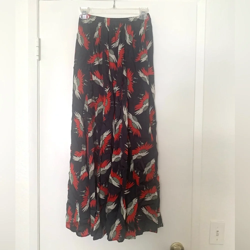 THE GREAT. Godet Navy Birds Paradise Maxi Skirt Red Feather Small - Picture 7 of 15